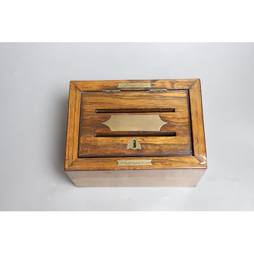 451 - A Victorian rosewood letter box. 19.5cm wide