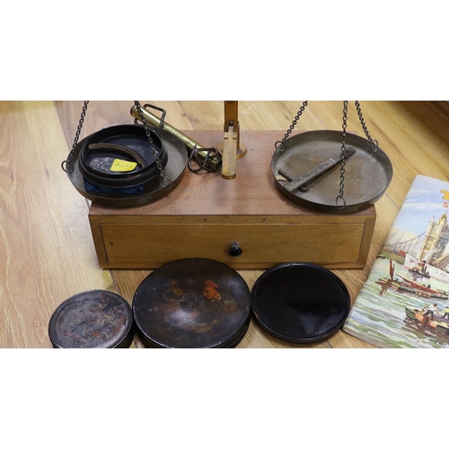 469 - A quantity of various weighing scales, pots and prints