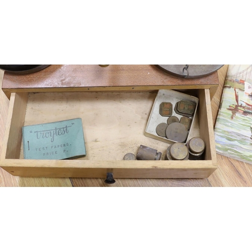 469 - A quantity of various weighing scales, pots and prints