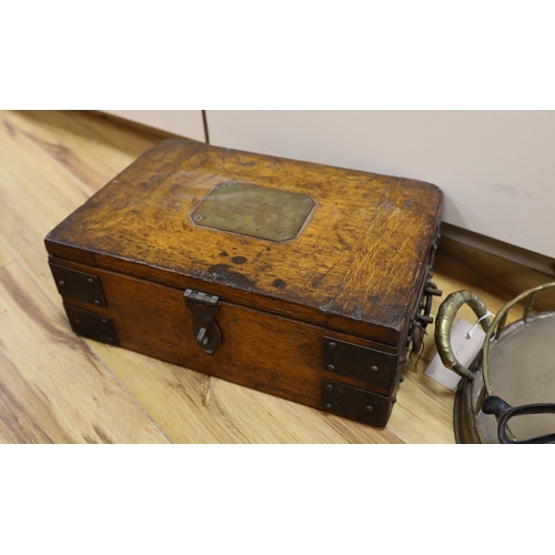 473 - An oak and metal bound box, a circular brass tray and a pair of draper's scissors