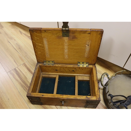 473 - An oak and metal bound box, a circular brass tray and a pair of draper's scissors