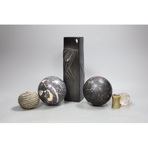 475 - A Japanese antimony vase, 22cm high, and two marble balls