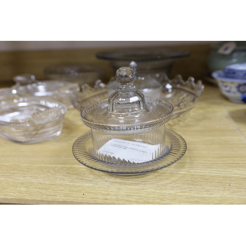 487 - A selection of various late Georgian cut glass dishes, and a later silver mounted pineapple lidded p... 