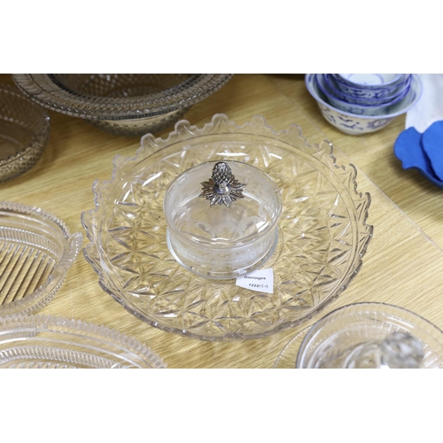 487 - A selection of various late Georgian cut glass dishes, and a later silver mounted pineapple lidded p... 