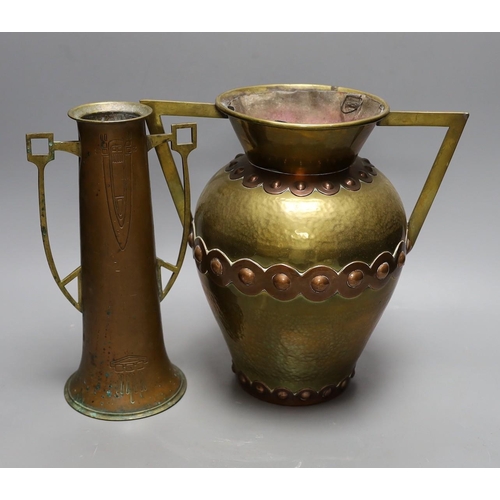 499 - Two Arts & Crafts copper and brass vases, tallest 28cm