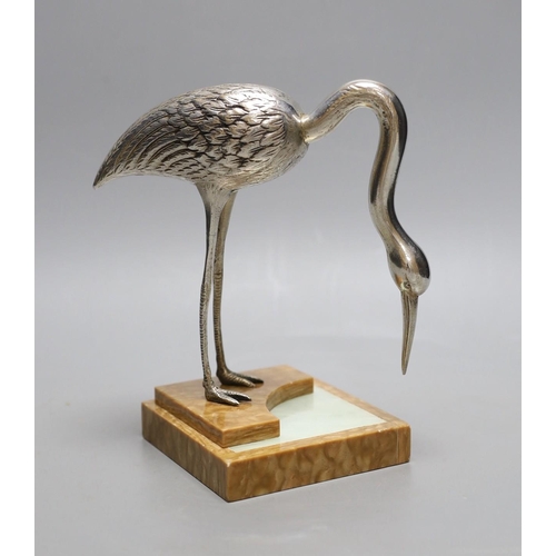 500 - An Art Deco silvered bronze model of a crane, on an onyx base, 18cm