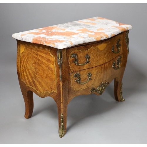 518 - A miniature Louis XV style kingwood and marquetry marble topped serpentine commode, 35cm wide