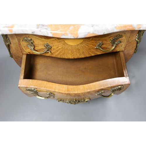 518 - A miniature Louis XV style kingwood and marquetry marble topped serpentine commode, 35cm wide