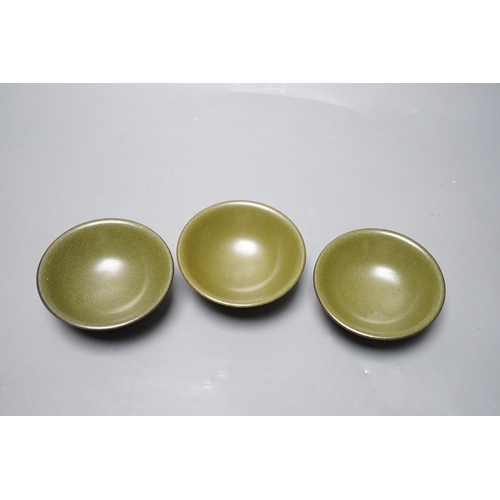 525 - Three Chinese teadust glazed dishes, 8.5cm diameter