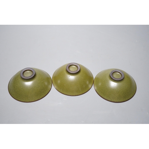 525 - Three Chinese teadust glazed dishes, 8.5cm diameter