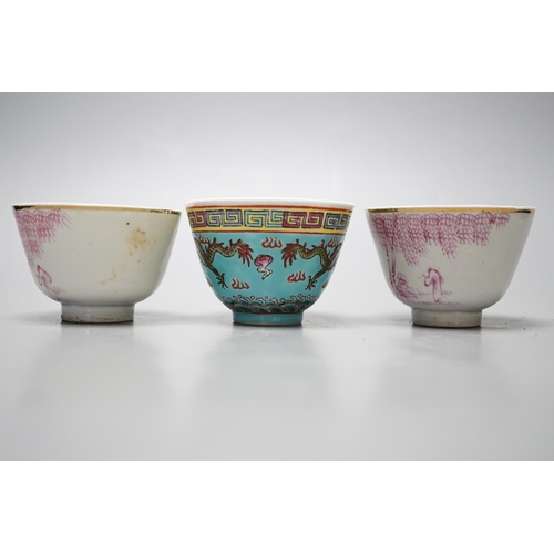 531 - Three Chinese Republic enamelled porcelain cups, Seven. 5 cm diameter