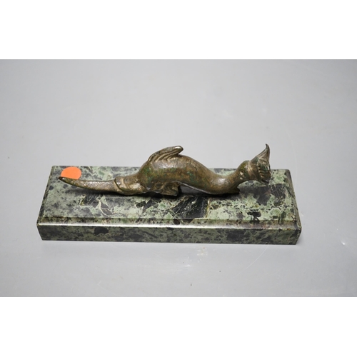 539 - A Roman or later bronze dolphin, mounted as a paperweight on serpentine marble base, 16cm long... 