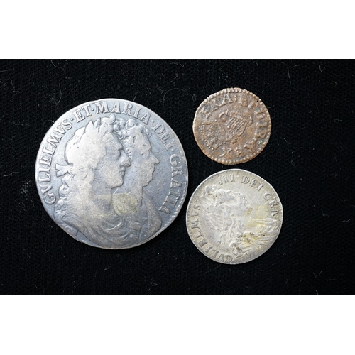 566 - A William & Mary halfcrown 1689, first crowned shield, VG, and a William III sixpence 1697, VF and a... 