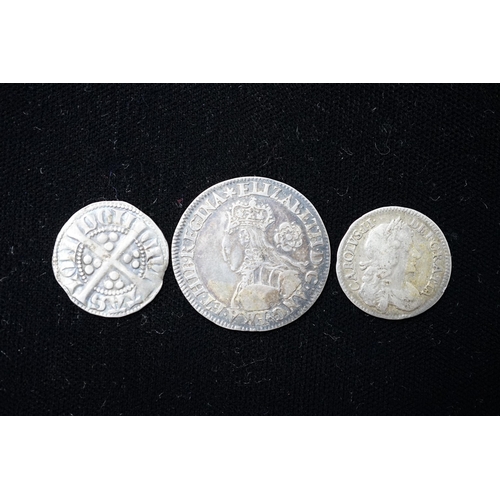 574 - Elizabeth I milled shilling 1562 (S2594), GVF, an Edward II penny, and a Charles II 4d, VF