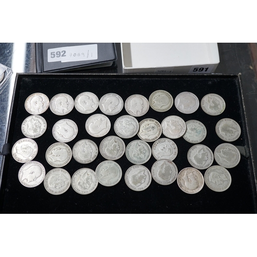 591 - Ten Edward VII silver half crowns and twenty three George V/VI half crowns, various grades mostly be... 