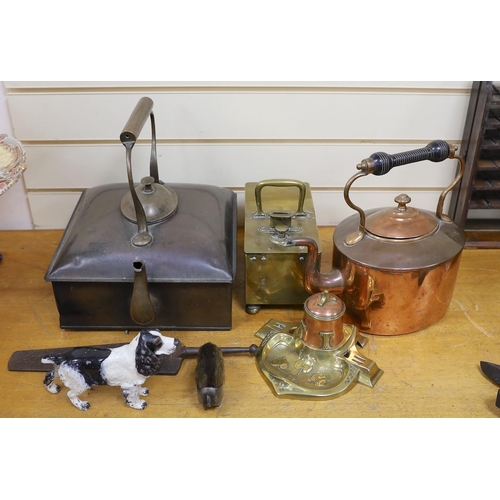 619 - Mixed metalwares including an art nouveau copper and brass inkwell, painted model of a spaniel, hono... 