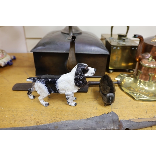 619 - Mixed metalwares including an art nouveau copper and brass inkwell, painted model of a spaniel, hono... 