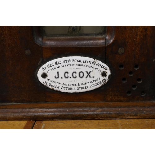 620 - A Victorian mahogany patent till, manufactured by J. C. Cox, incomplete, 65cm long