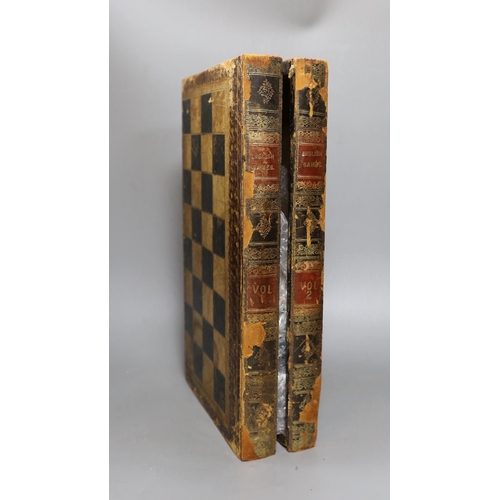 621 - A 19th century faux book chessboard and turned wood chess set