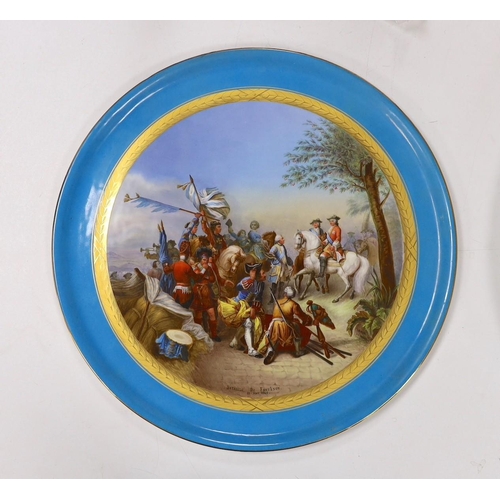 636 - A 19th century Sevres style porcelain tray Bataille De Fontenoy 11 Mai 1745, 45cm