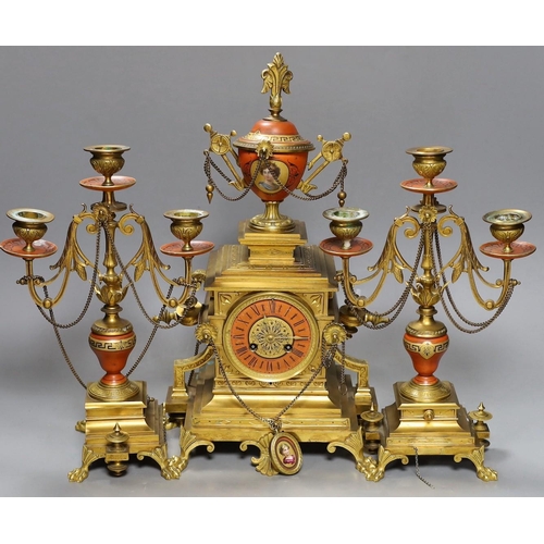 637 - A late 19th century French Etruscan revival ormolu and porcelain mounted three piece clock garniture... 