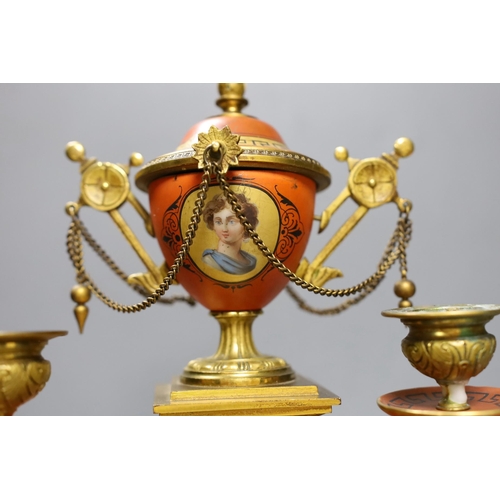 637 - A late 19th century French Etruscan revival ormolu and porcelain mounted three piece clock garniture... 