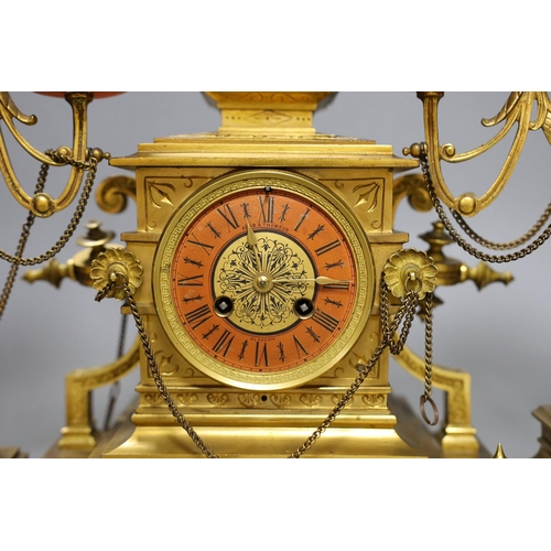 637 - A late 19th century French Etruscan revival ormolu and porcelain mounted three piece clock garniture... 