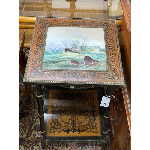 97 - A 19th century French marquetry inlaid tiled top occasional table, painted with a storm shipping sce... 