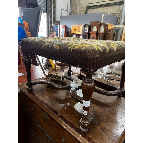 1008 - A William & Mary style walnut stool, with 'X' shaped understretcher, length 65cm, width 53cm, height... 