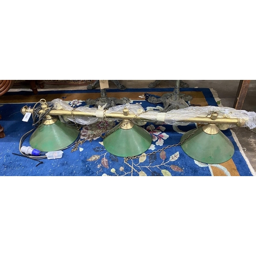 1025 - A brass snooker table lamp, width 148cm
