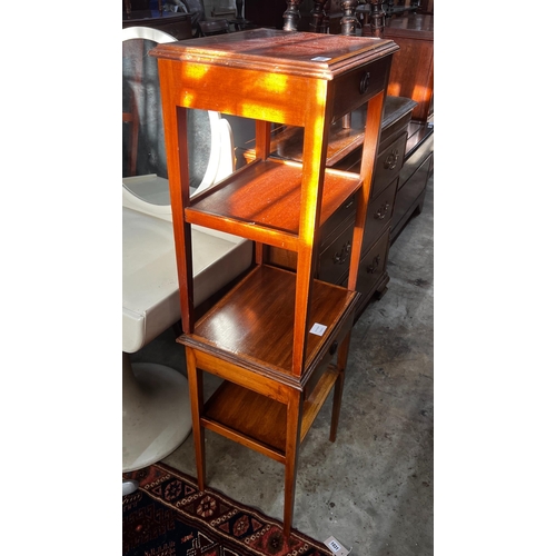 1030 - Two pairs of Edwardian style satinwood banded mahogany two tier bedside tables, width 39cm, depth 33... 