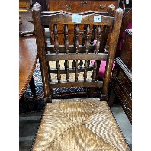 1036 - A pair of Lancashire elm and beech rush seat chairs