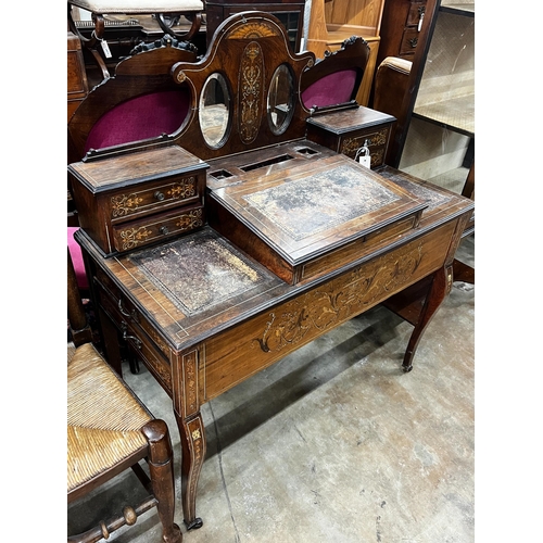 1037 - An Edwardian marquetry inlaid rosewood writing desk, width 98cm, depth 46cm, height 113cm