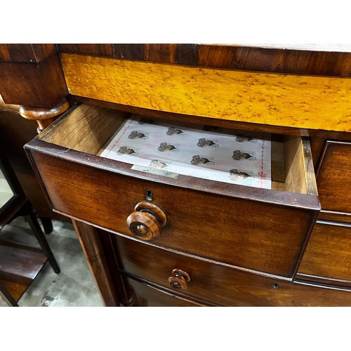 1039 - A large mid Victorian mahogany bow front chest of two short and three long drawers, bird's eye maple... 