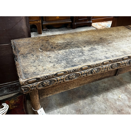 1041 - An 18th century and later carved oak hall bench with twin hinged box seat, width 183cm, depth 40cm, ... 