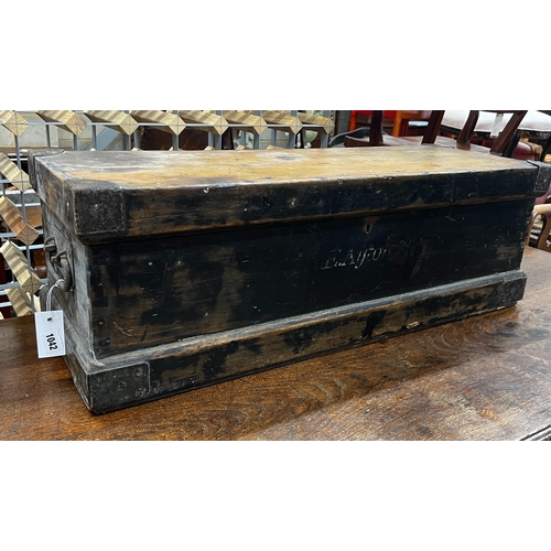 1042 - A small Victorian iron bound pine trunk, length 89cm, depth 30cm, height 30cm