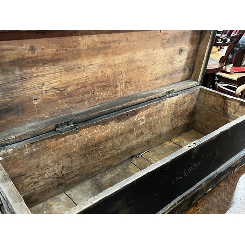 1042 - A small Victorian iron bound pine trunk, length 89cm, depth 30cm, height 30cm