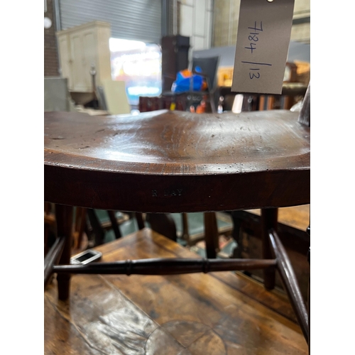 1047 - A mid 19th century elm and fruitwood Mendlesham elbow chair by Richard Day, width 48cm, depth 40cm, ... 