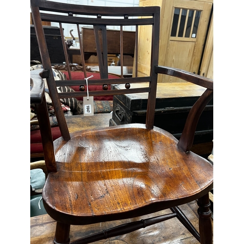 1047 - A mid 19th century elm and fruitwood Mendlesham elbow chair by Richard Day, width 48cm, depth 40cm, ... 