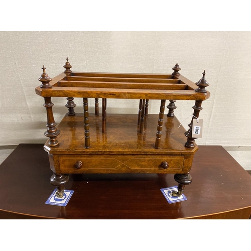 1003 - A Victorian and later burr walnut three division music canterbury, width 61cm, depth 40cm, height 58... 