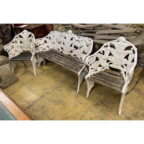 1026 - A Victorian style fern pattern painted cast metal garden bench and two chairs, length 151cm, depth 5... 