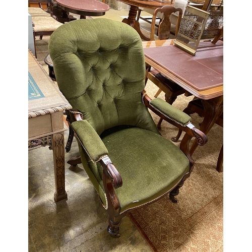 1029 - An early Victorian upholstered mahogany open armchair, width 64cm, depth 74cm, height 96cm