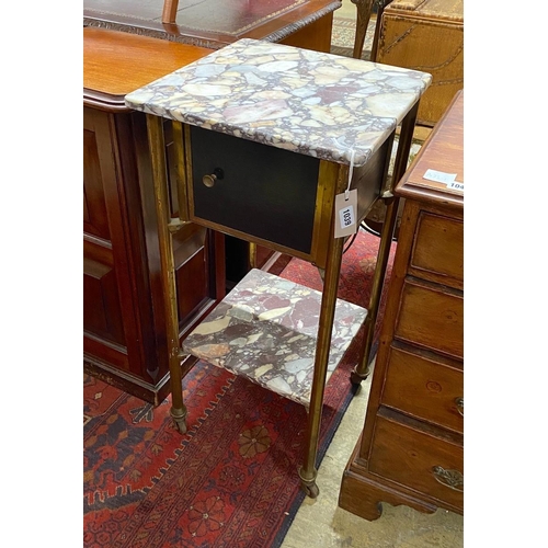 1039 - An early 20th century Continental brass and variegated marble two tier washstand, width 40cm, depth ... 