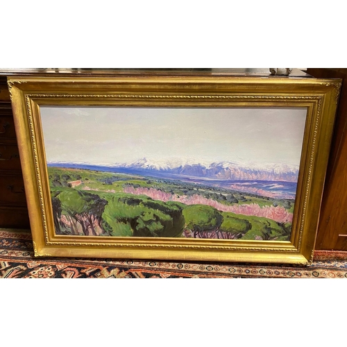 1048 - Russian School (?) - oil on canvas, Extensive mountain landscape, 101 x 55cm