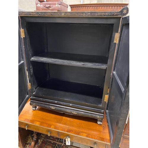 1057 - A Chinese black lacquer hardstone and composition mounted two door side cabinet, width 77cm, depth 4... 