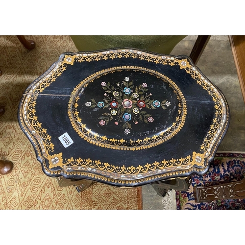 1065 - A 19th century French mother of pearl inlaid, parcel gilt ebonized and papier-mâché work table width... 