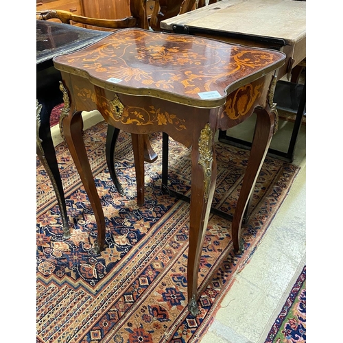 1073 - A French marquetry inlaid kingwood gilt metal mounted side table, width 53cm, depth 41cm, height 75c... 