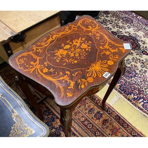 1073 - A French marquetry inlaid kingwood gilt metal mounted side table, width 53cm, depth 41cm, height 75c... 