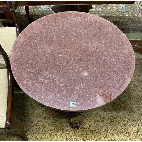 1078 - A Victorian parcel gilt rosewood pedestal now as an occasional table with circular faux porphyry mar... 