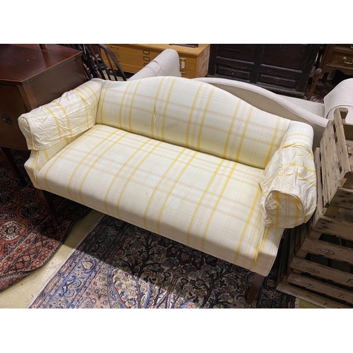 1080 - A pair of Victorian style upholstered settees with hump backs, scroll arms on square tapered legs, w... 